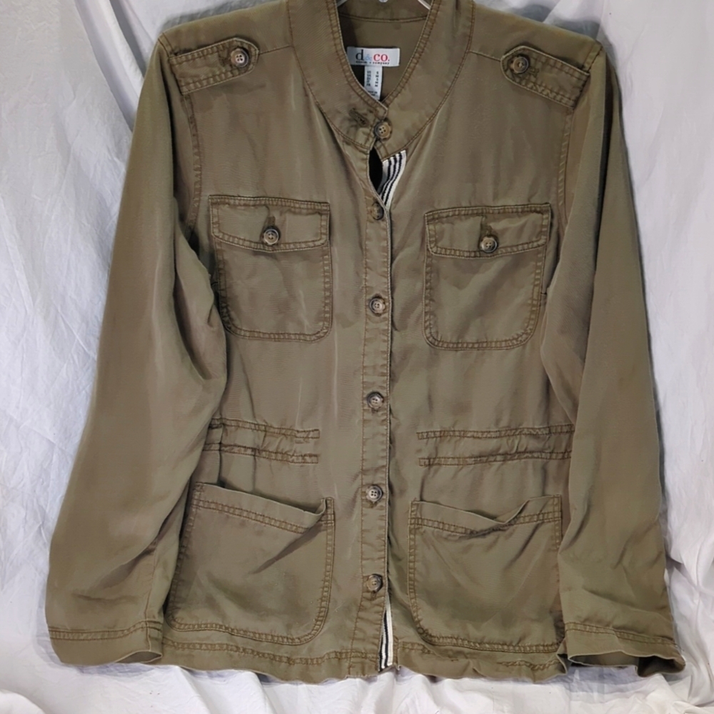 Denim & Company | Green Utility Denim Jacket | Small Distressed cinched waist.